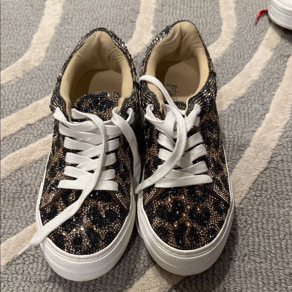 Women's Leopard Print Embellished Platform Sneakers - Black/Brown